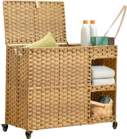 Laundry Hamper with Wheels, 42.3 Gal.(160 L) Laundry Sorter with Shelves, Rattan Clothes Hamper with 4 Removable Liners & 3 Mesh Bags, Handwoven Organizer for bedroom, bathroom, laundry room, Natural