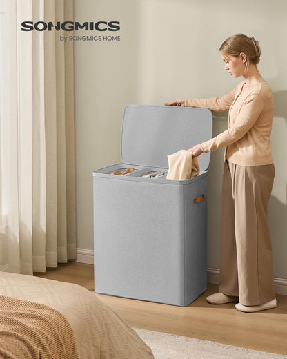 SONGMICS Laundry Basket, 50.2 Gal. Laundry Hamper, 3 Compartments, Easy Assembly, with Lid and Handles, Removable Liners, 25.2 x 15.7 x 29.5 Inches, Cappuccino Beige ULCB814LH01