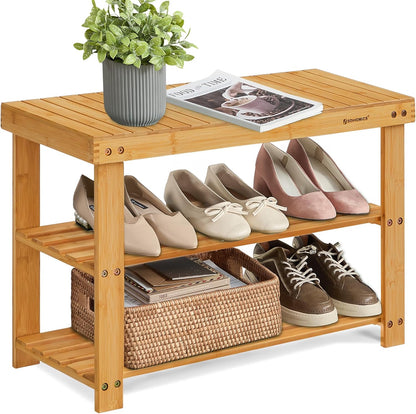 SONGMICS Shoe Rack Bench, 3-Tier Bamboo Shoe Storage Organizer, Entryway Bench, Holds Up to 286 lb, 11.3 x 27.6 x 17.8 Inches, for Entryway Bathroom Bedroom, Ink Black ULBS04H