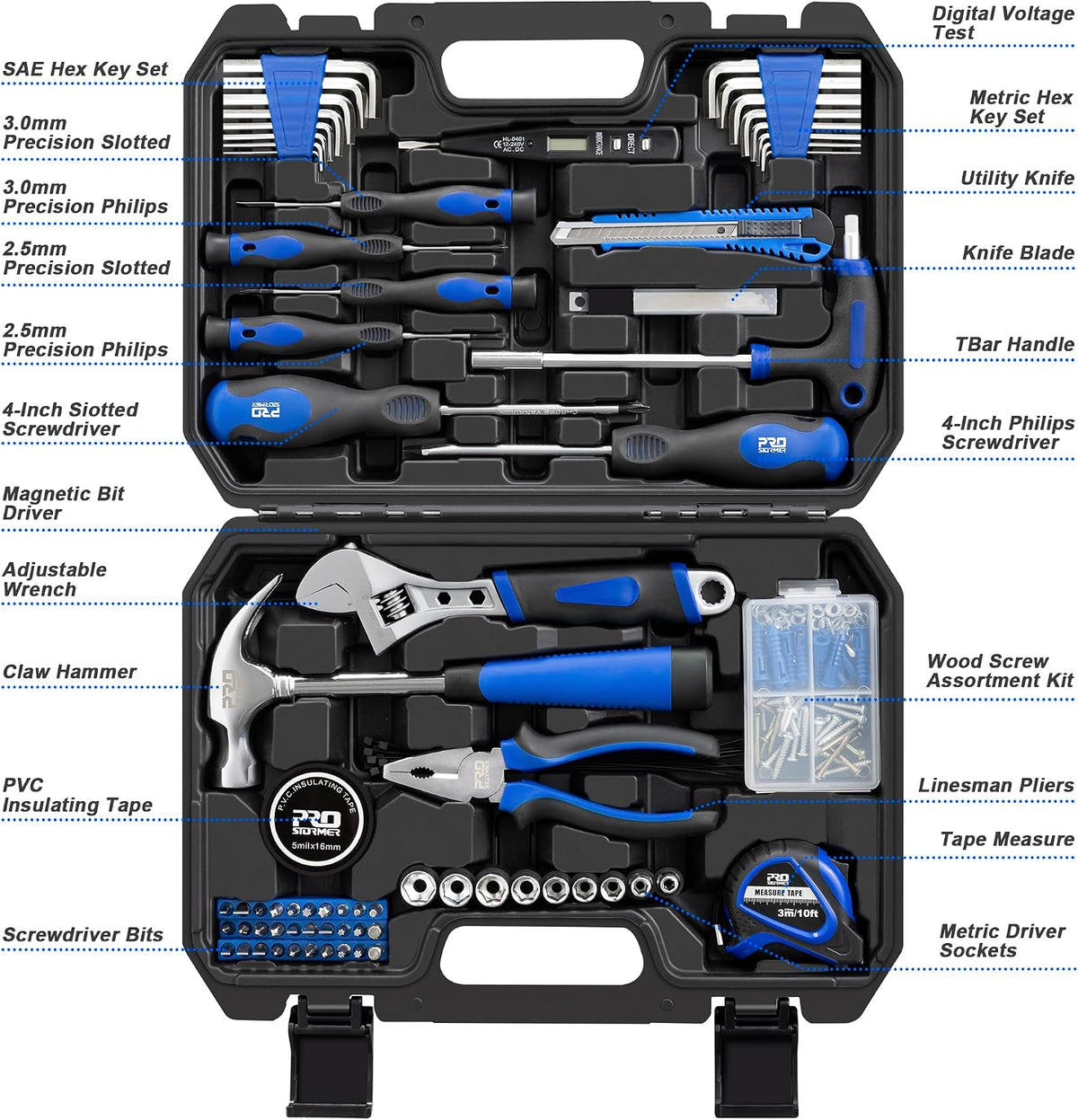 Prostormer 179-Piece Home Tool Kit, General Household Tool Set | Basic Hand Tools with Portable Storage Box for Apartment, Garage, Office and College Dorm
