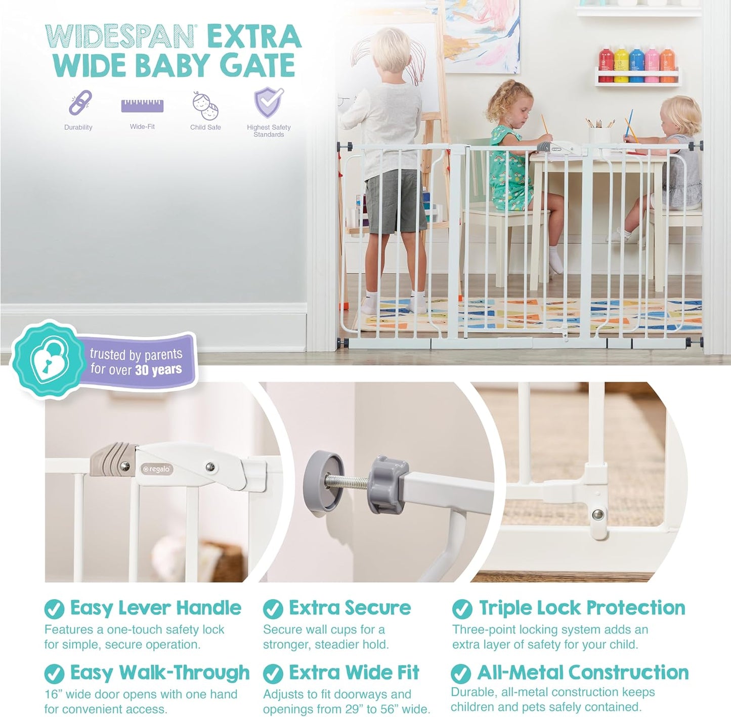 Regalo Safety 29-38.5" Baby Gate for Doorways & Bottom of Stairs, Pressure Mounted Baby Gate with Door for Babies, Toddlers & Pets, Tested & Safe for 30 Years, American Designed, American Owned, White