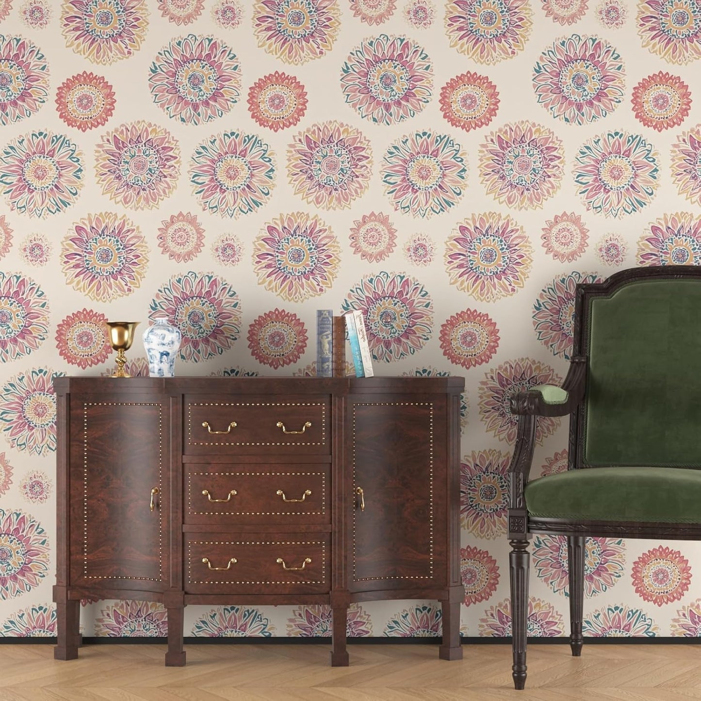 Blue Wallpaper Peel and Stick,Vintage Boho Floral Contact Paper 17.5" x 118", Retro Botanical Flower Wall Paper Self Adhesive Removable Waterproof for Walls Shelves Cabinet Table (Blue,Yellow, Green)