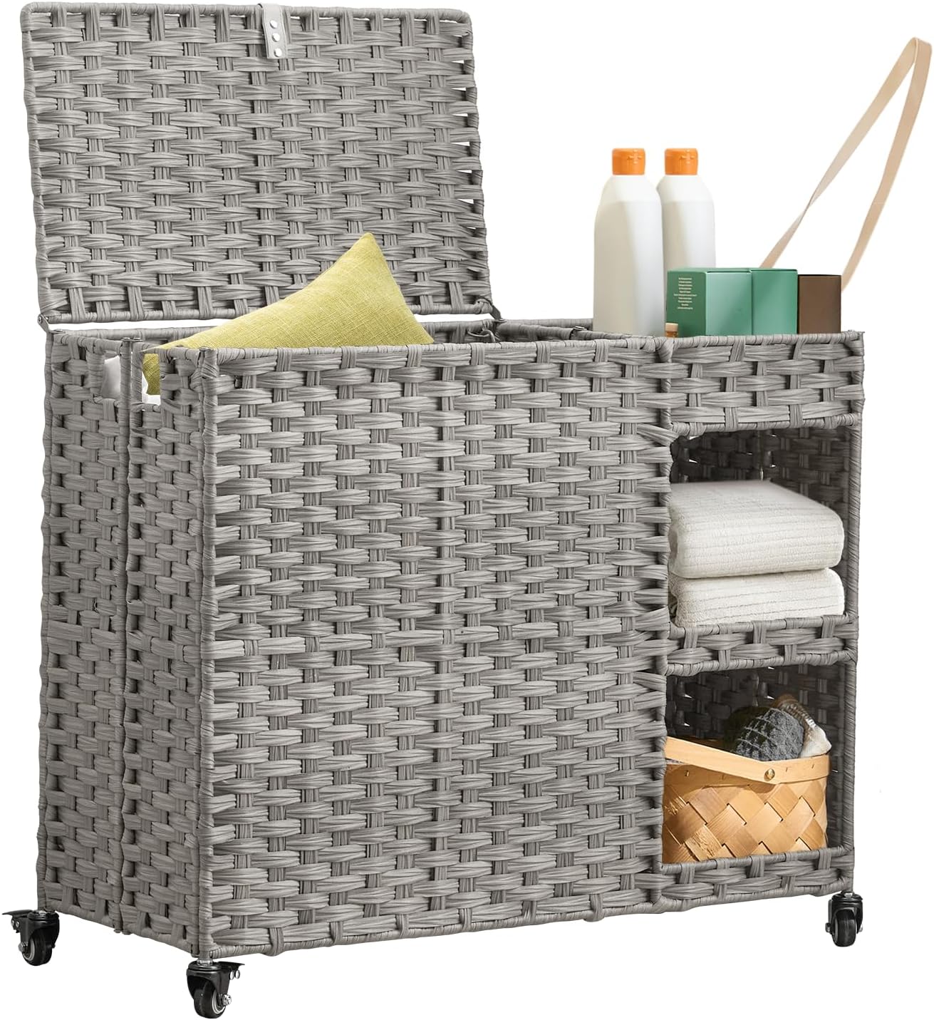 Laundry Hamper with Wheels, 42.3 Gal.(160 L) Laundry Sorter with Shelves, Rattan Clothes Hamper with 4 Removable Liners & 3 Mesh Bags, Handwoven Organizer for bedroom, bathroom, laundry room, Natural