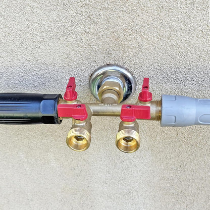 3/4" hose splitter 2 way water splitter male connectors allows you to run 2 hoses, hose quick connectors, hose spigot