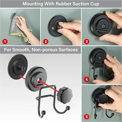 HASKO accessories - Suction Cup Hooks for Shower - Towel Hooks for Bathroom Wall Mounted Shower - Bathroom Hooks for Hanging - Stainless Steel SS304 Towel Holders, Black (2 Pack)