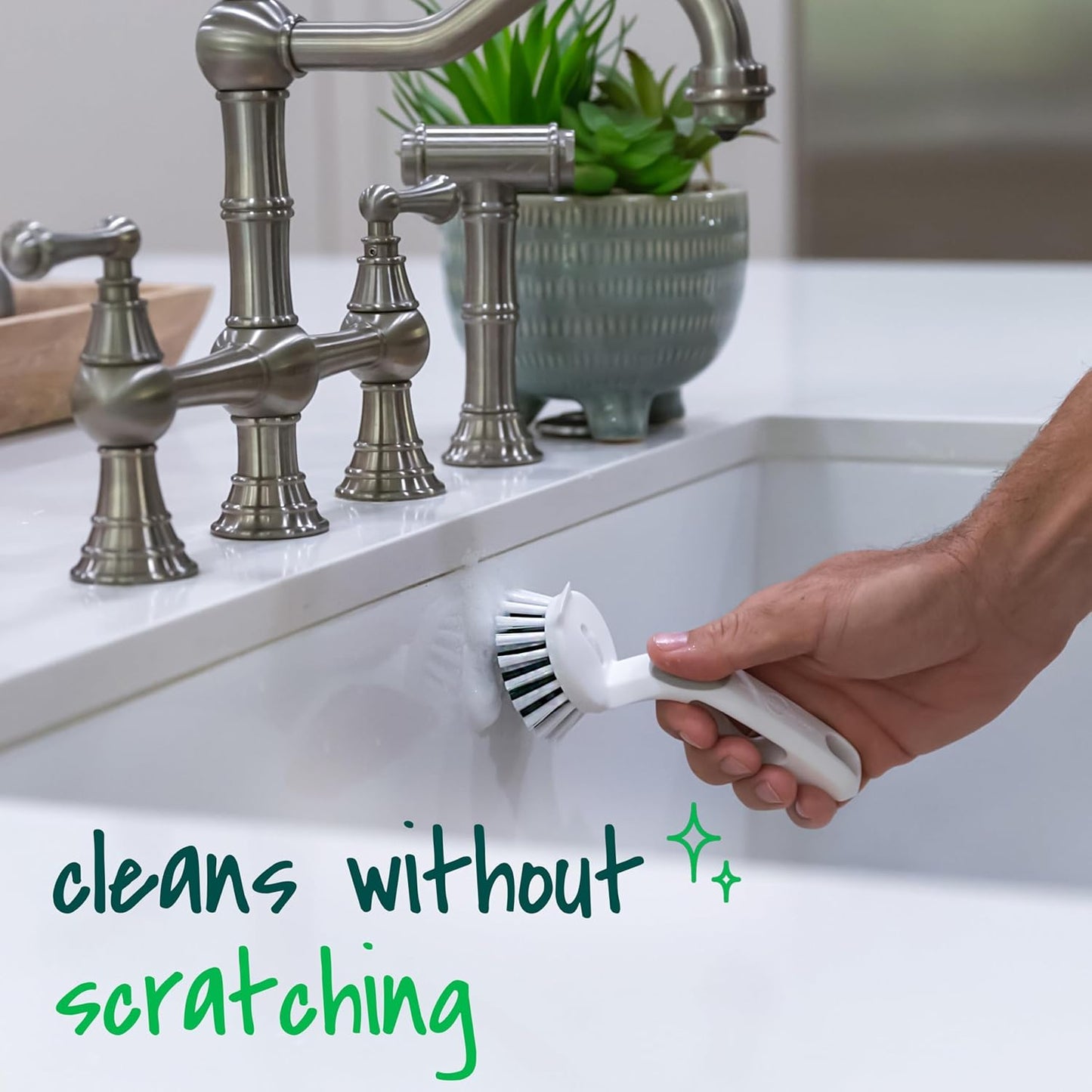 Scotch-Brite Small Utility Brush, Long Lasting Dish Brush with Handle for Scrubbing Cookware, Hands, Tile, Grout, Cutting Boards, and Utensils without Scratching, Antimicrobial, and Rinses Clean
