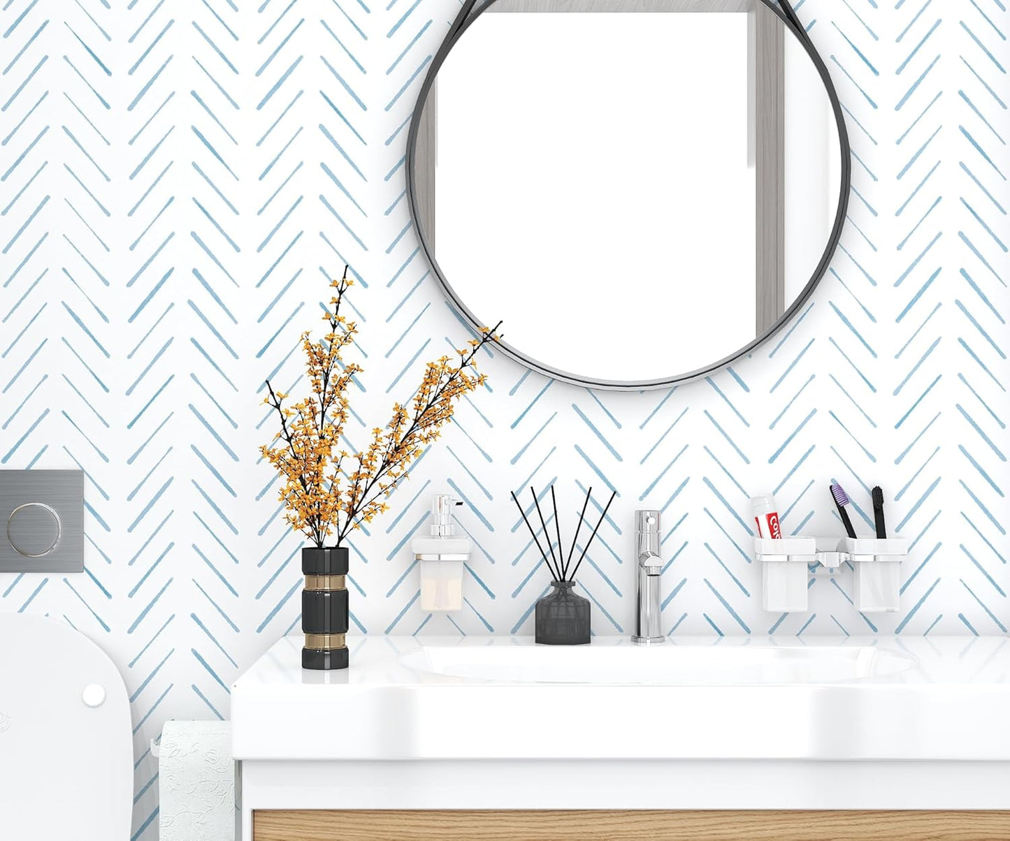 Herringbone Wallpaper Peel and Stick Wallpaper Blue and White Modern Wall paper 17.3"x78.8" Adhesive Wallpapers Boho Removable Contact Paper Decorative for Bedroom Bathroom Cabinets Decor Vinyl Roll