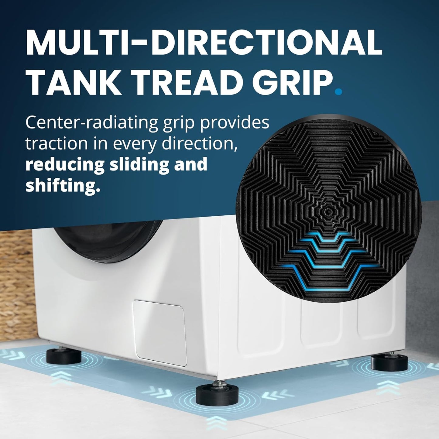 Anti Vibration Pads for Washing Machine with Tank Tread Grip XL | 4 Pack + Level | Stops Washer Dryer from Moving, Protects Floor | Rubber Antivibration Feet Stabilizer for Leveling Washer Machine
