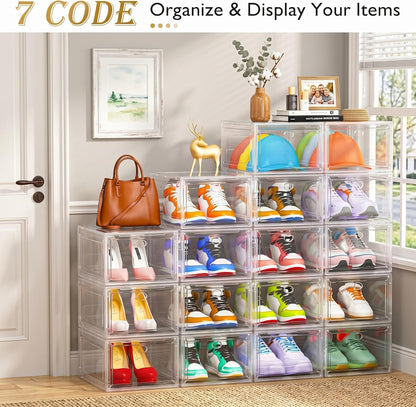 7 code Thicken & Sturdy Clear Shoe Storage Organizer with Magnetic Door, Stackable Boxes for Closet, Foldable Shoe Rack for Sneaker Boot Container, Plastic Shoe Cabinet Shoe Box 6 Pack, Black