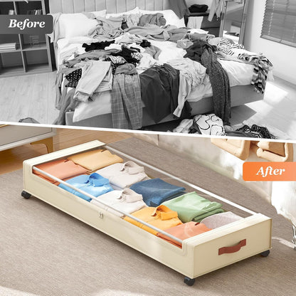 Yecaye Under Bed Storage with Wheels, 2 Pack Under Bed Storage Containers, 60L Underbed Shoe Storage with Clear Window & Label, Rolling Under Bed Metal Drawer for Clothes, Shoes, Books, Blankets