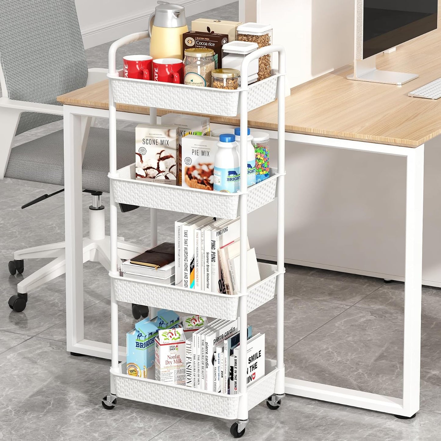 MOYIPIN 3-Tier Plastic Rolling Utility Cart with Handle,Utility Storage Cart for Office, Living Room, Kitchen,Movable Storage Organizer Shelves,White