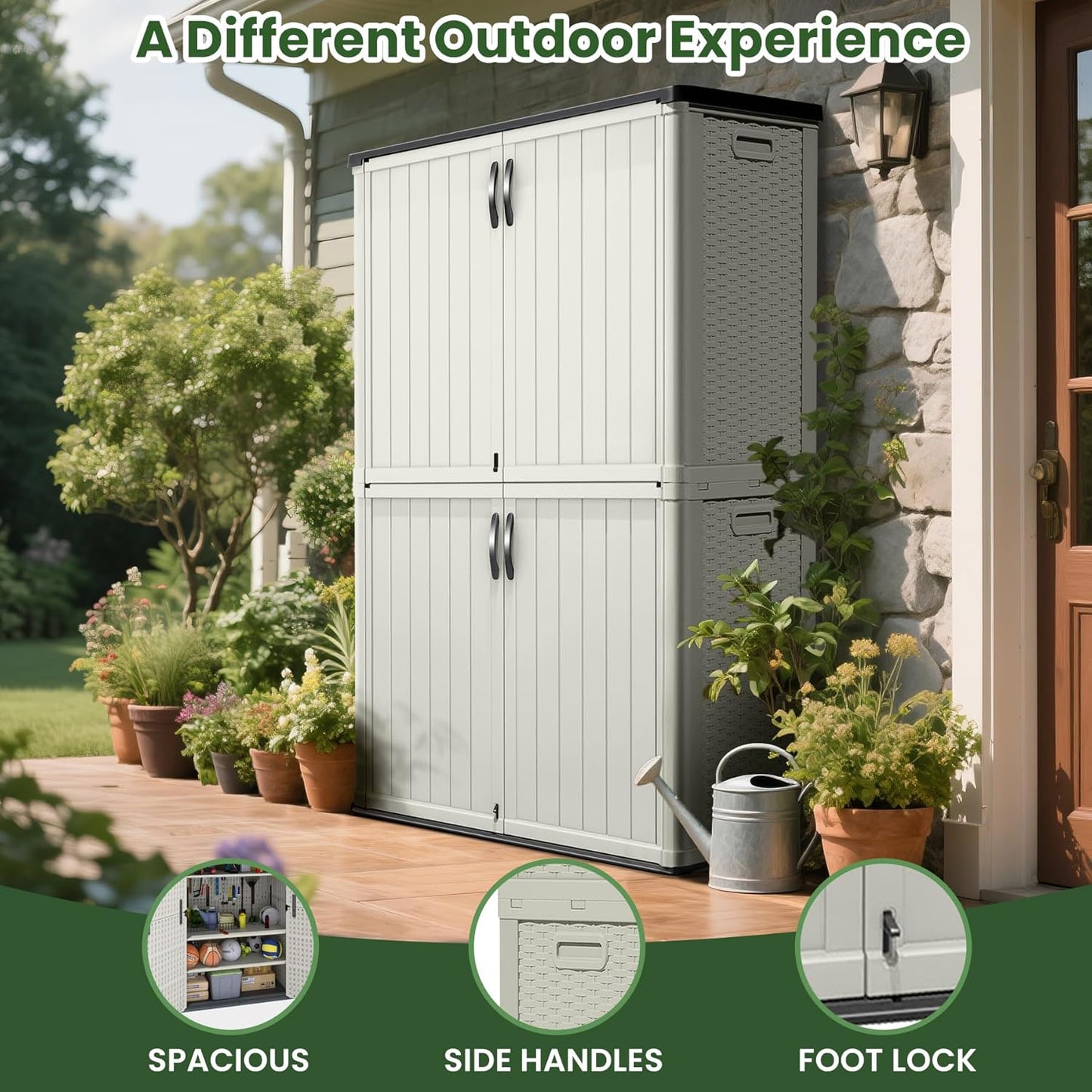 Greesum Outdoor Storage Cabinet, 26 CUFT Deck Box Without Shelves, Waterproof Plastic Storage Shed for Patio Cushions, Gardening Tools, Lockable and Sidehandles, UV Resistant, Beige