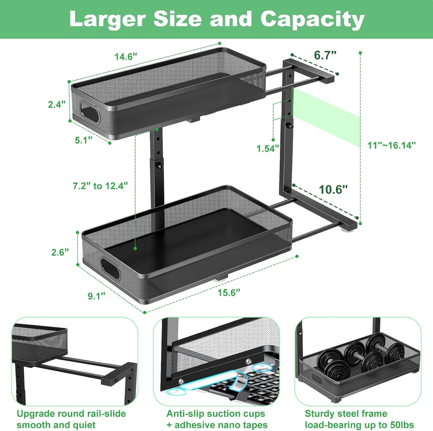 Under Sink Organizer 2 Pack, High Adjustable 2 Tier Under Sink Organizers and Storage, Slide out Metal Cabinet Organizers, Pull out Storage Drawer Shelf for Kitchen Bathroom Cabinet (Black-1pack)