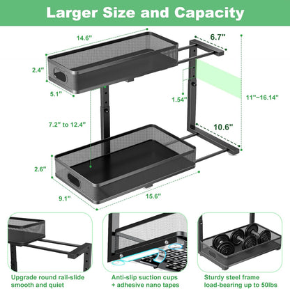 Under Sink Organizer 2 Pack, High Adjustable 2 Tier Under Sink Organizers and Storage, Slide out Metal Cabinet Organizers, Pull out Storage Drawer Shelf for Kitchen Bathroom Cabinet (Black-1pack)