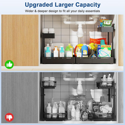 Insputer Upgrade Expandable Under Sink Organizer, 2 Tier Metal Under Cabinet Storage with 3 Slide Rails, Height Adjustable, Thickened Pull Out Drawer Shelf for Bathroom, Kitchen, Laundry, Pantry