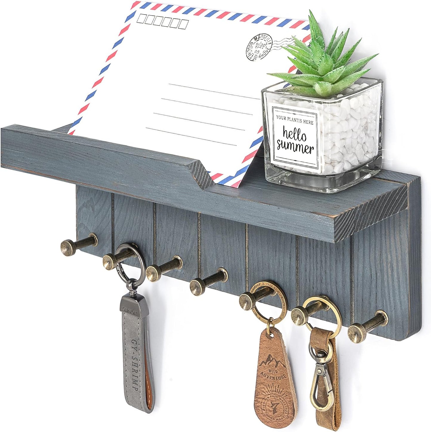 Rebee Vision Small Key Holder Wall Mount for Farmhouse Decor - Key and Mail Holder for Wall with Shelf and 4 Key Hooks - Room Decor Aesthetic (Distressed Blue)