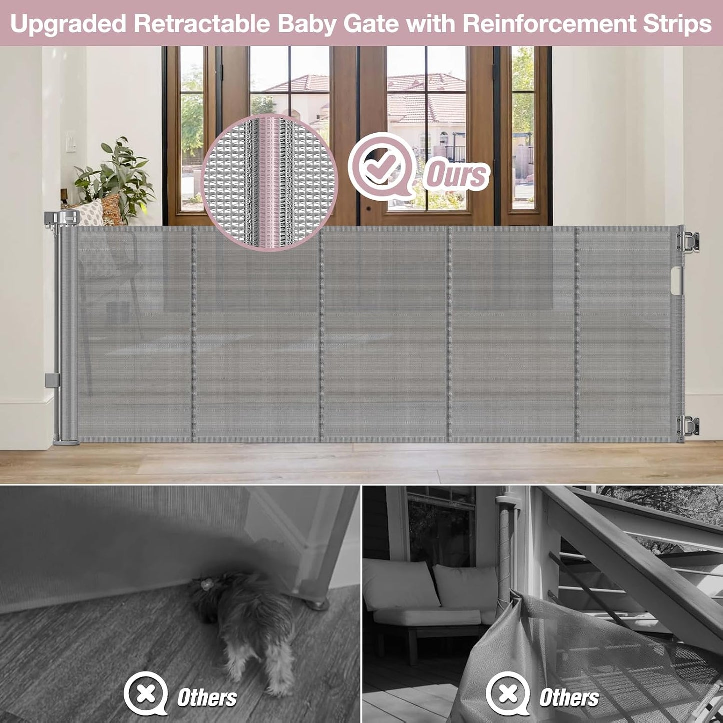 Reinforced 72" Wide Retractable Dog Gate with Support Rods - Prevent Crawling Under Extra Wide Baby Gate Retractable Gate Outdoor, Retractable Pet Gate Long Dog Gate, Mesh Gates for Kids or Pets, Gray