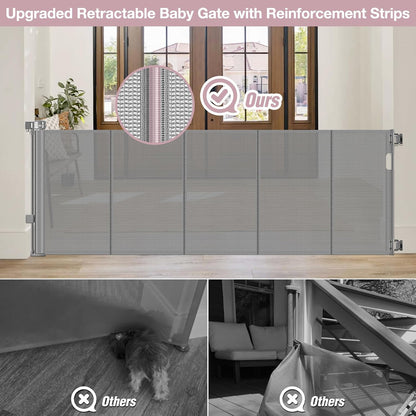 Reinforced 72" Wide Retractable Dog Gate with Support Rods - Prevent Crawling Under Extra Wide Baby Gate Retractable Gate Outdoor, Retractable Pet Gate Long Dog Gate, Mesh Gates for Kids or Pets, Gray