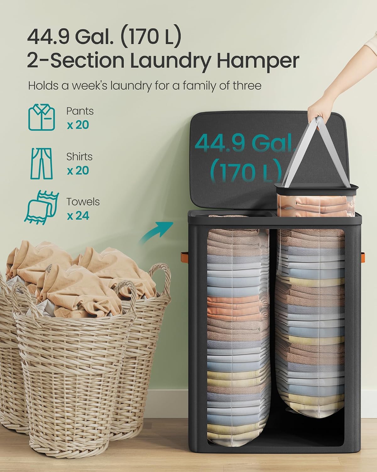 SONGMICS Laundry Basket, 50.2 Gal. Laundry Hamper, 3 Compartments, Easy Assembly, with Lid and Handles, Removable Liners, 25.2 x 15.7 x 29.5 Inches, Cappuccino Beige ULCB814LH01