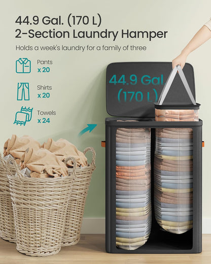 SONGMICS Laundry Basket, 50.2 Gal. Laundry Hamper, 3 Compartments, Easy Assembly, with Lid and Handles, Removable Liners, 25.2 x 15.7 x 29.5 Inches, Cappuccino Beige ULCB814LH01