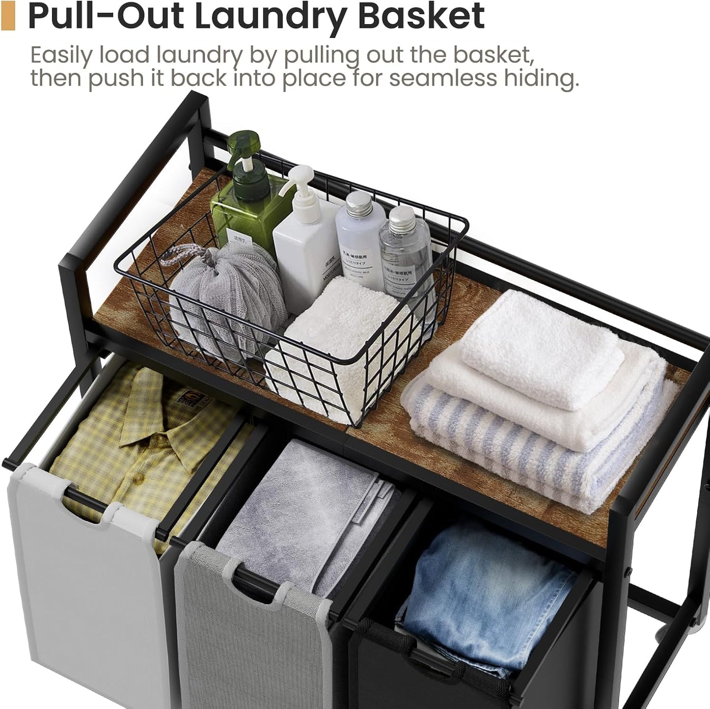SwaaVee Laundry Sorter, Laundry Hamper 3 Section, 3×11.4Gal, Metal Frame Rolling Laundry Basket with Wooden Top Shelf, Pull out and Removable Laundry Bags, 3 Bags-Gray
