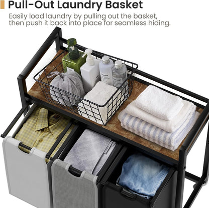 SwaaVee Laundry Sorter, Laundry Hamper 3 Section, 3×11.4Gal, Metal Frame Rolling Laundry Basket with Wooden Top Shelf, Pull out and Removable Laundry Bags, 3 Bags-Gray