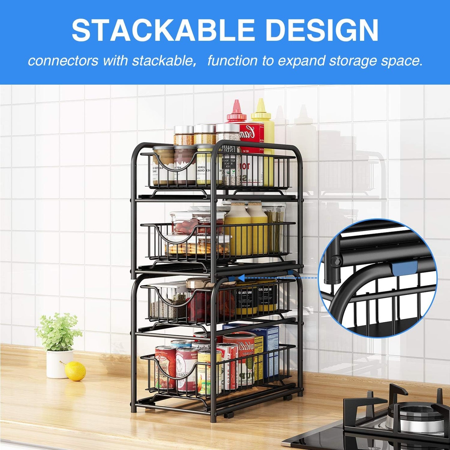 Pull-out Cabinet Organizer, Stackable 2-tier Under Sink Rack, with Sliding Storage Drawer for Pantry, and Desktop, for Bathroom, Kitchen, Office, Black