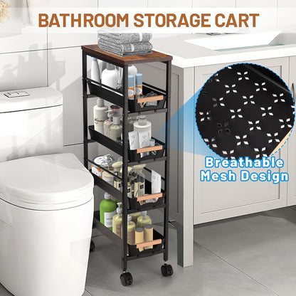 Slim Storage Cart, 5-Tier Narrow Rolling Kitchen Laundry Room Cart with Drawer and Wheels, Metal Utility Cart Slide Out Organizer for Small Spaces (White)
