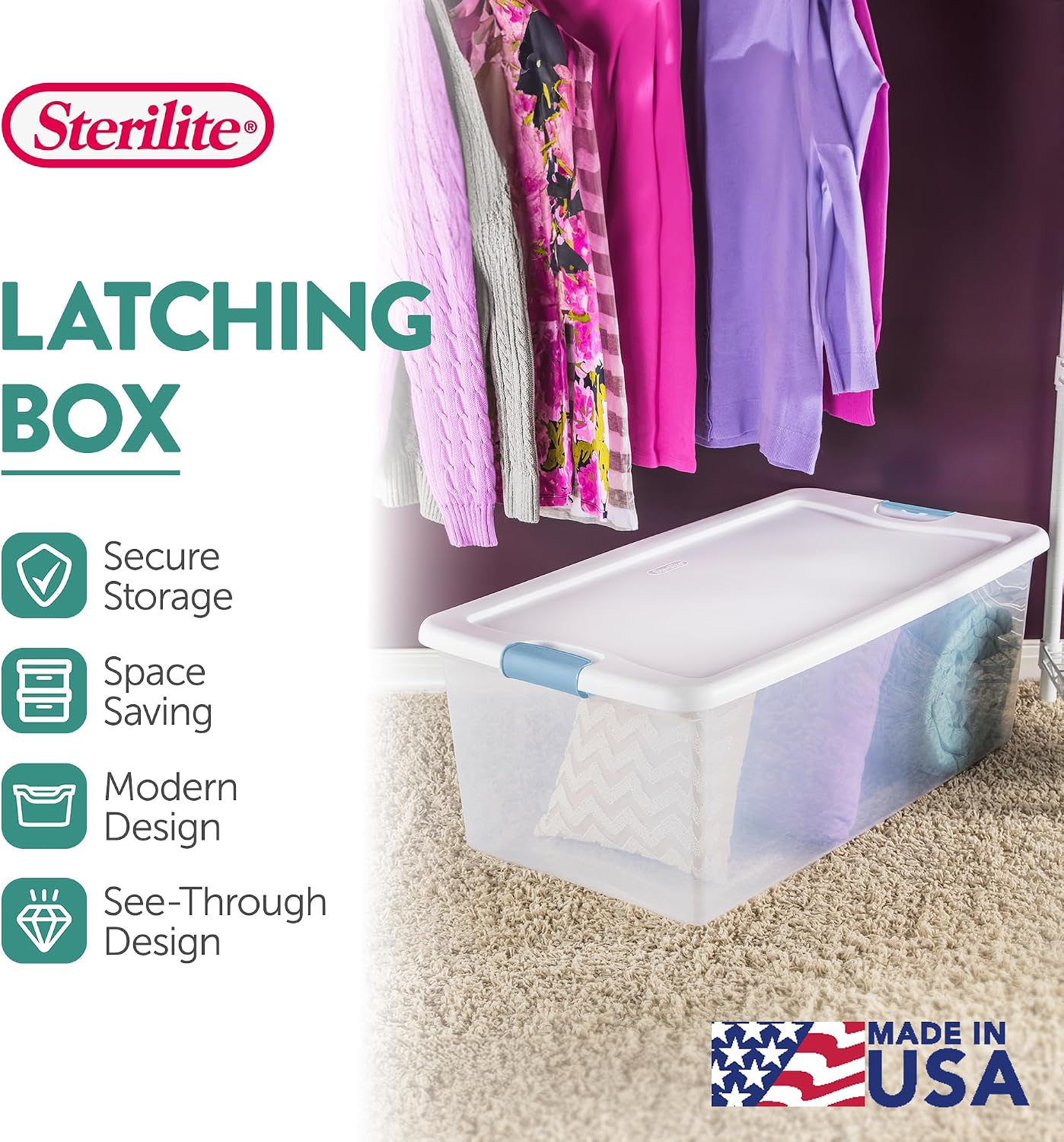 Sterilite 4-Pack 56 Quart Wheeled Latching Box, Underbed Clear Plastic Storage Organizer - Under Bed Rolling Container Bin with Lid and Wheels for Home or Dorm Bedrooms and Closets