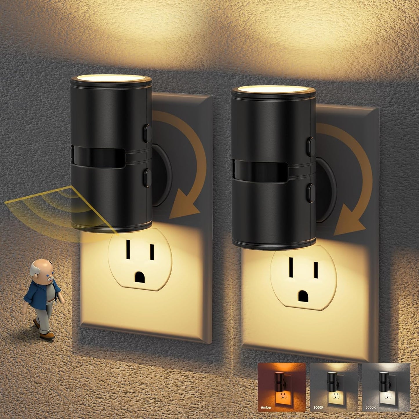 JandCase Motion Night Light, Rotating Night Lights Plug into Wall, 3 Colors 3000K-5000K-Amber, Dusk to Dawn & Motion Sensor, 3 Level Brightness Nightlight for Bathroom Bedroom Hallway [2 Pack]