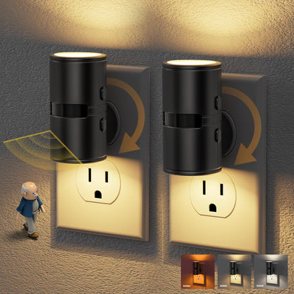 JandCase Motion Night Light, Rotating Night Lights Plug into Wall, 3 Colors 3000K-5000K-Amber, Dusk to Dawn & Motion Sensor, 3 Level Brightness Nightlight for Bathroom Bedroom Hallway [2 Pack]