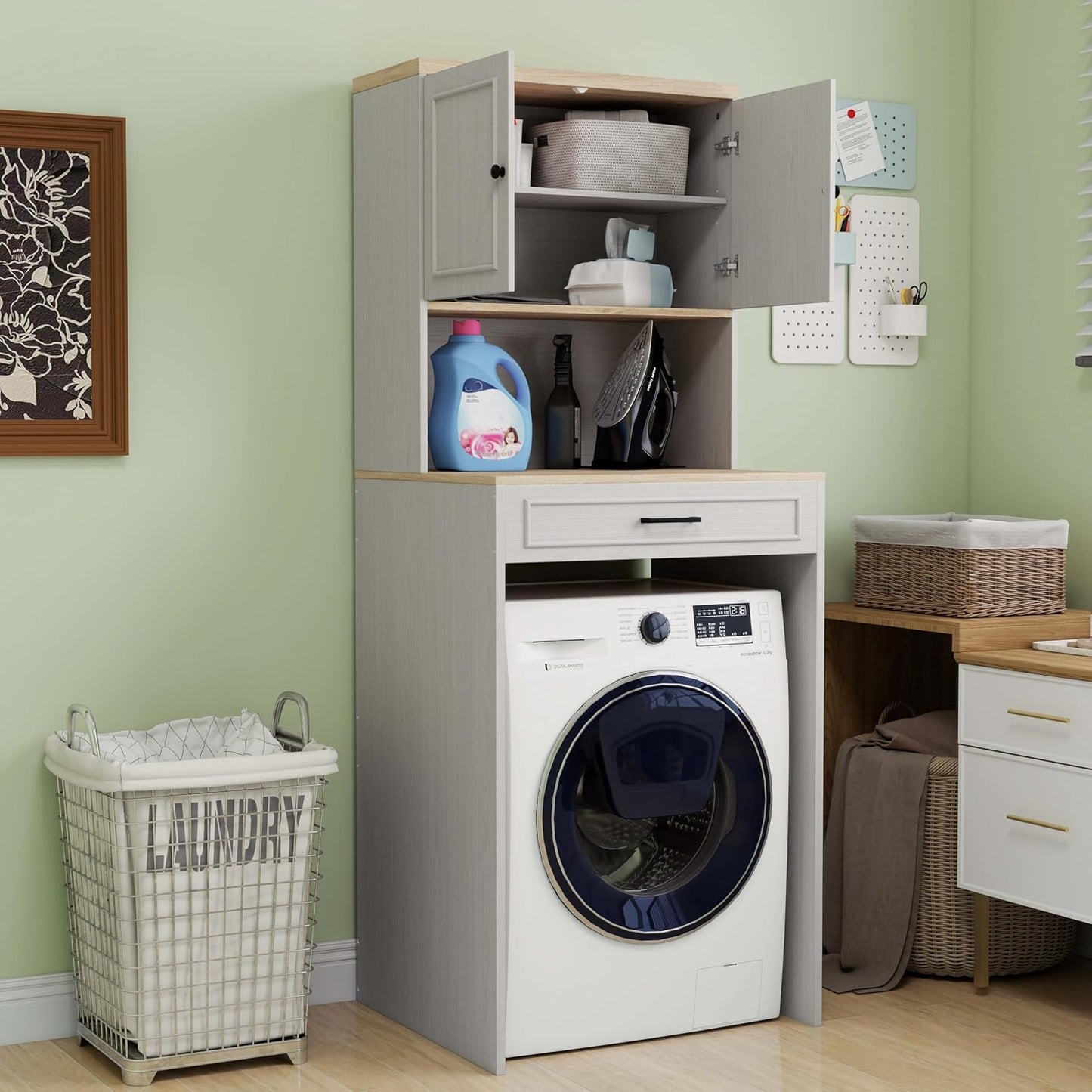 Laundry Room Storage Cabinet with Doors, Washer Dryer Countertop with Shelf & Laundry Basket, Over The Washer and Dryer Storage Shelf Cabinet for Bathroom, Easy Assembly (Large)
