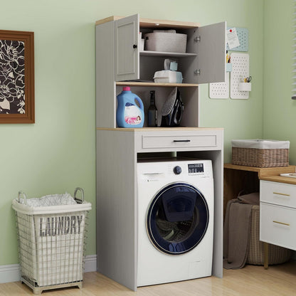 Laundry Room Storage Cabinet with Doors, Washer Dryer Countertop with Shelf & Laundry Basket, Over The Washer and Dryer Storage Shelf Cabinet for Bathroom, Easy Assembly (Large)