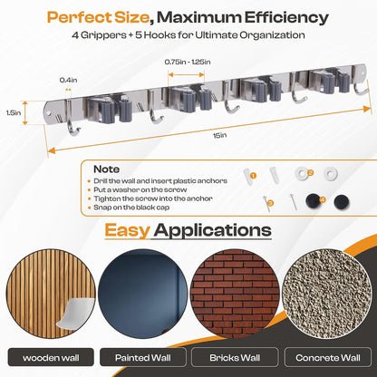 Heavy-Duty Stainless-Steel Broom Holder Wall Mount with 3 Racks and 4 Hooks | Waterproof Mop and Broom Hanger | Adjustable, Garage & Garden Tool Organizer | Black