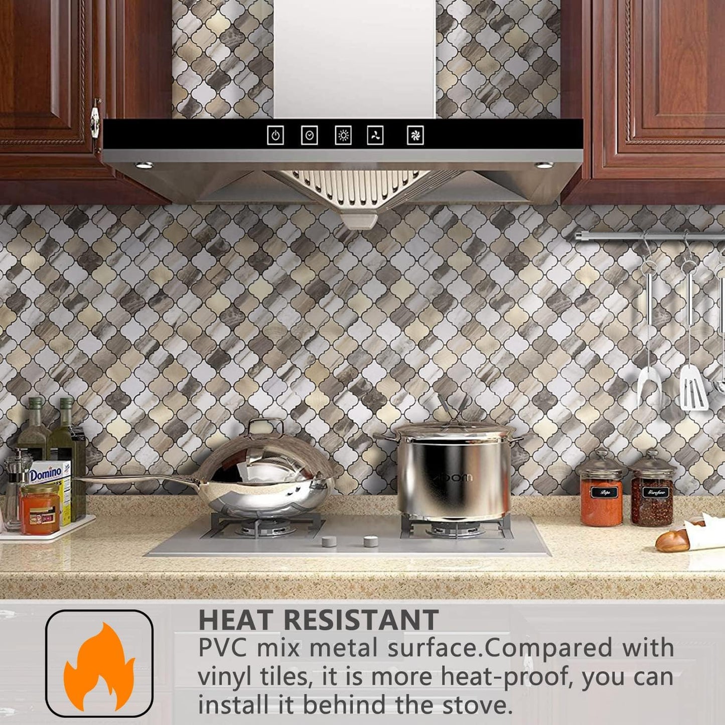 STICKGOO Arabesque Peel and Stick Backsplash Tile, Stick on Backsplash for Kitchen and Bathroom, Beige Marble Look PVC Mixed Metal Aluminum Mosaic Tiles (10 Sheets)