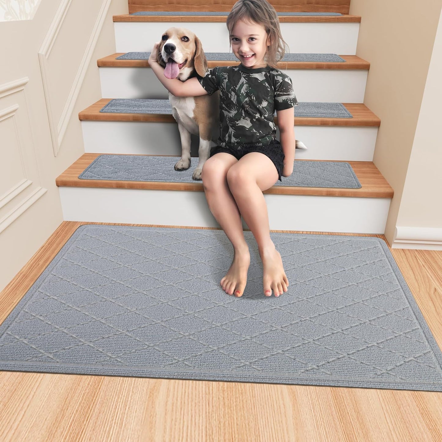 KOOTETA Stair Treads for Wooden Steps Indoor, 15 Pack 8" X 30" Non Slip Carpet Stair Treads with Reusable Adhesive for Kids Elders and Dogs, Surface Polyester TPR Backing Stair Runner Rugs, Dark Grey