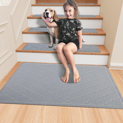 KOOTETA Stair Treads for Wooden Steps Indoor, 15 Pack 8" X 30" Non Slip Carpet Stair Treads with Reusable Adhesive for Kids Elders and Dogs, Surface Polyester TPR Backing Stair Runner Rugs, Dark Grey