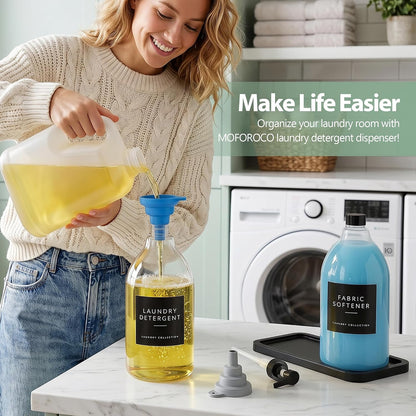 Moforoco 2 Pack Black Liquid Laundry Detergent Dispenser with Bamboo Tray, 64 Oz Plastic Laundry Soap Dispenser, Fabric Softener Dispenser with Pump and Labels for Laundry Room Decor and Organization