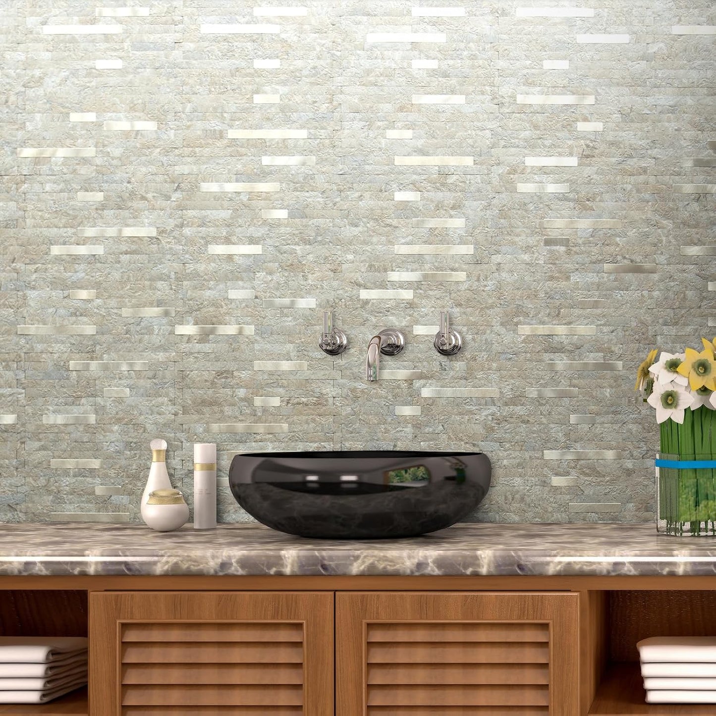 AULIGET 20 Sheets Peel and Stick Backsplash, Black & Grey Wood Look PVC Mixed Metal Stick on Backsplash Tiles for Kitchen