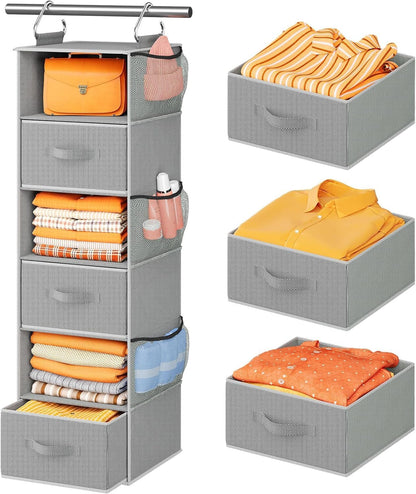 Pipishell Hanging Closet Organizer 6-Shelf, Hanging Shelves for Closet with 3 Removable Drawers & Side Pockets for Bedroom, Garment Rack and Wardrobe Organization, 12' x 12' x 43.3', Dark Gray