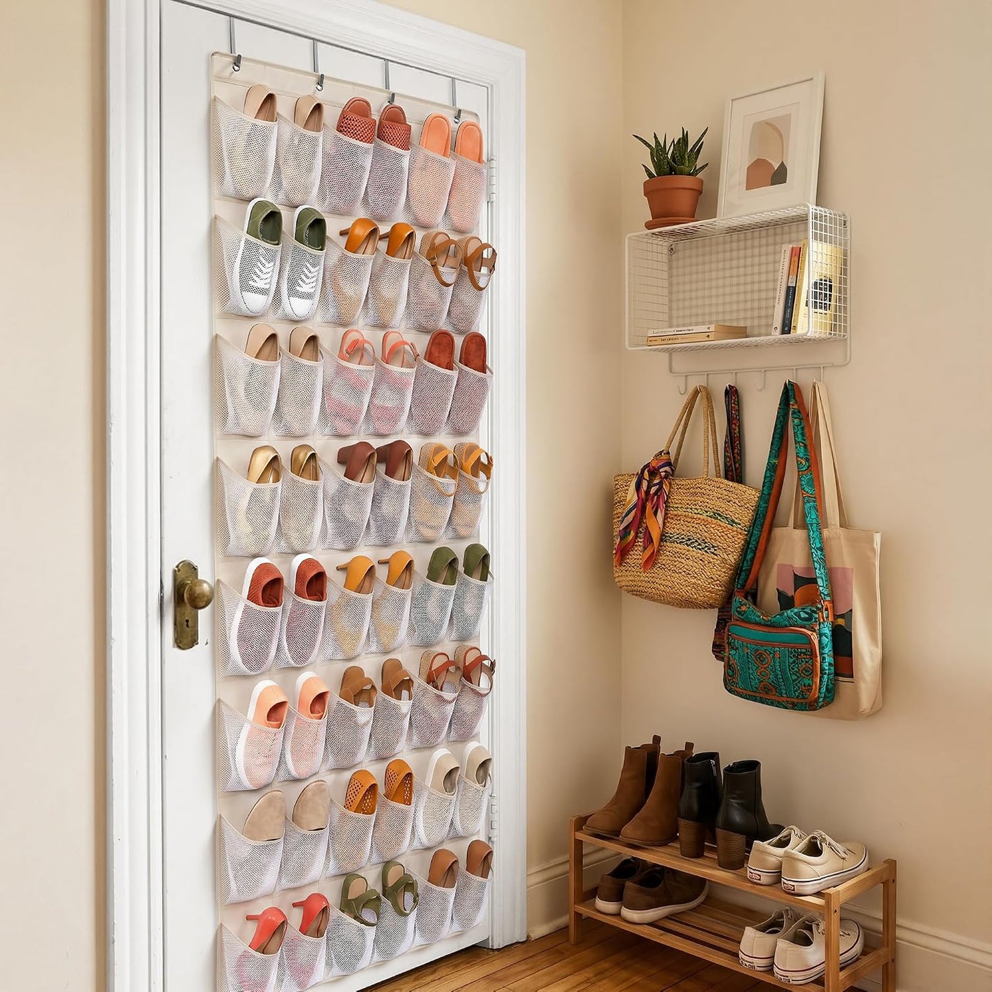 48 Pockets Over the Door Shoe Organizer, Large Mesh Hanging Shoe Rack, 6-Column Heavy Duty Shoe Storage for Sneakers and Heels, Behind Door Holder for Entryway Bedroom Dorm College, Black