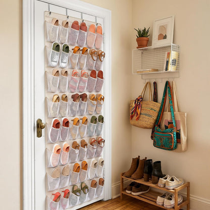 48 Pockets Over the Door Shoe Organizer, Large Mesh Hanging Shoe Rack, 6-Column Heavy Duty Shoe Storage for Sneakers and Heels, Behind Door Holder for Entryway Bedroom Dorm College, Black