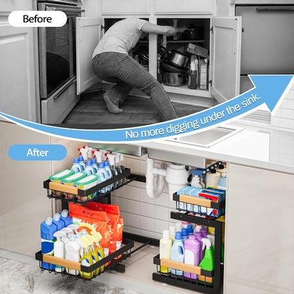 ADBIU Under Sink Organizer 2 Pack, Adjustable Height (11"-15.75") Under Cabinet Storage, 2 Tier Pull Out Sliding Drawers for Kitchen Bathroom, Heavy Duty Metal Shelf, White