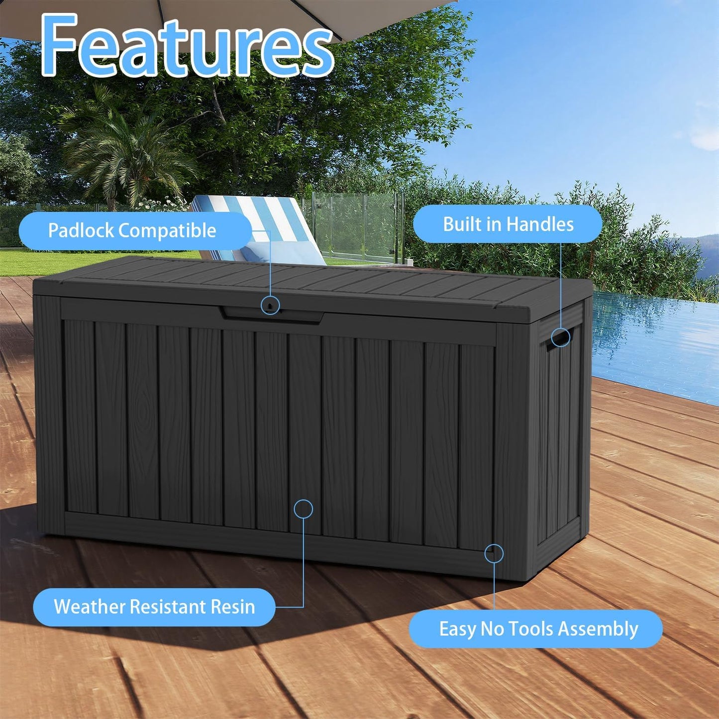 230 Gallon Large Outdoor Storage Box Waterproof, UV Resistant Resin Deck Box with Hydraulic Rod & Lockable Latch for Patio Furniture, Outside Storage Box for Garden Tools, Patio Cushions, Black