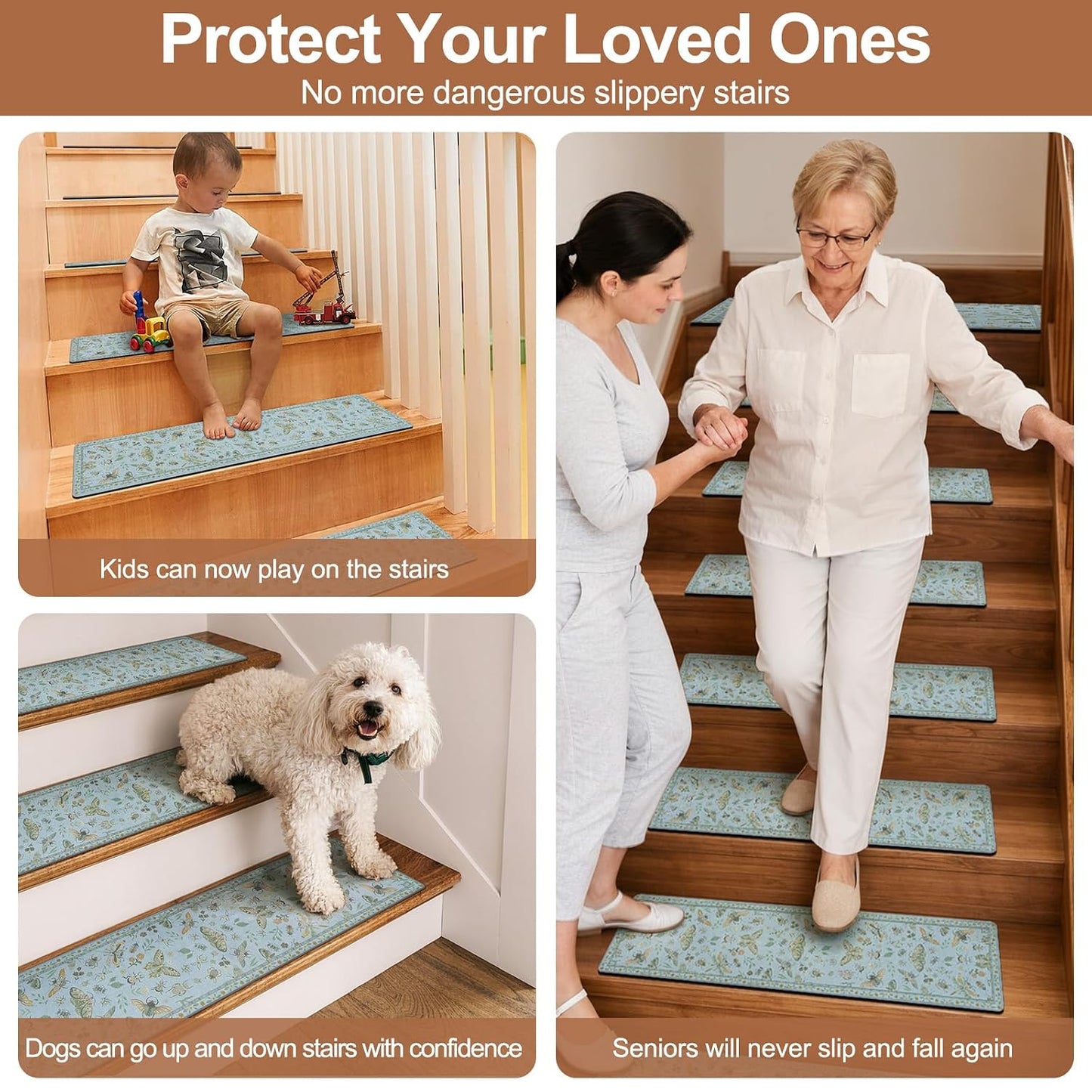 OJIA Insect Print Stair Treads Non Slip Stair Runners for Wooden Steps Indoor, 15PCS 8"x30" Rubber Backing Carpet Treads for Wood Stairs Staircase Step Treads for Kids & Dogs, Stair Covers, Black