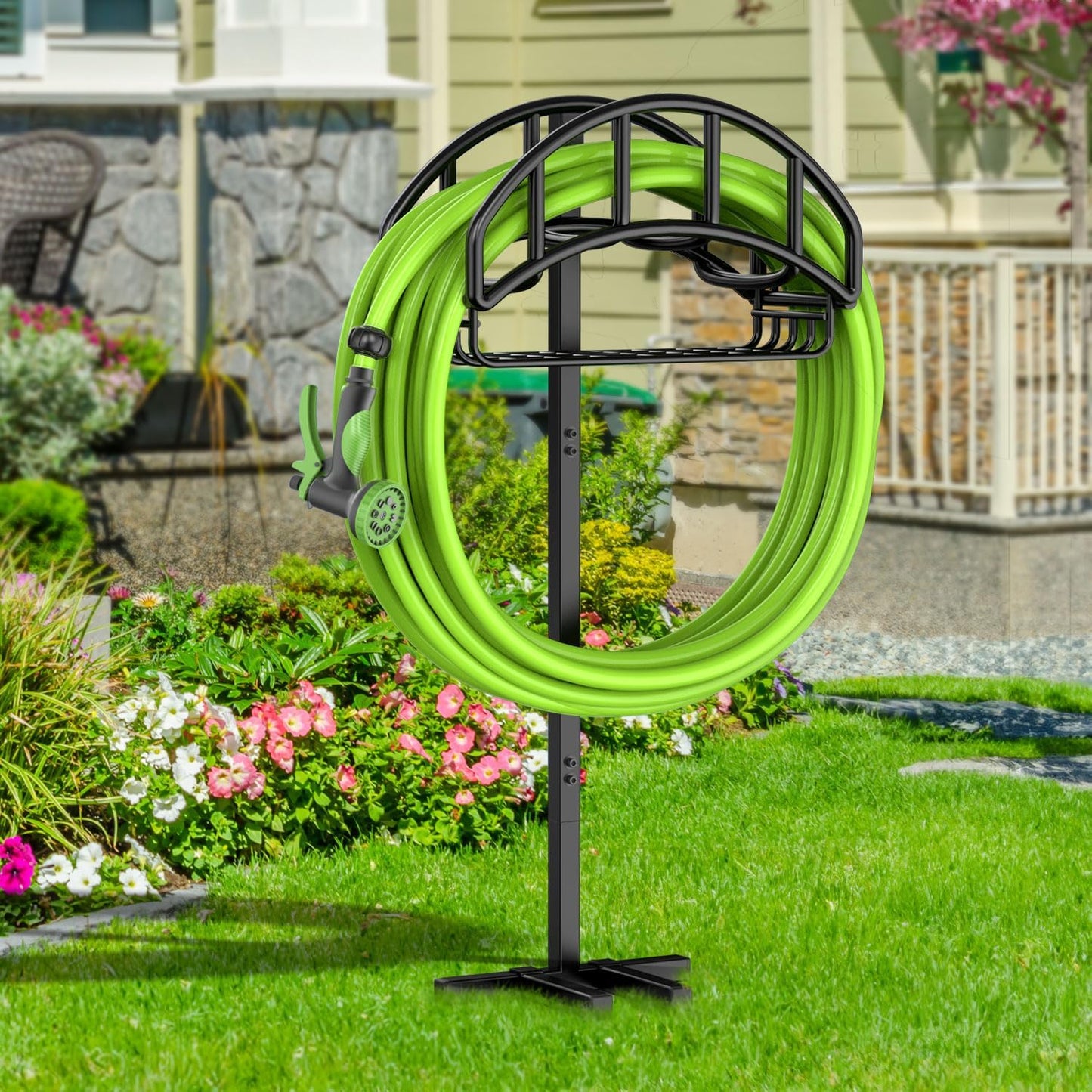 Garden Hose Holder Reel, Upgraded Metal Hose Reels Holds 150ft Hose, Heavy Duty Freestanding Water Hose Holders, Detachable Hose Storage Hanger for Outside - Fan-Shaped