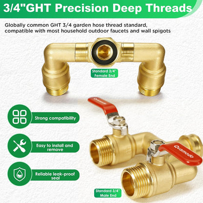 Garden Hose Splitter 3/4" GHT Full Flow 2 Way Brass Hose Splitter Heavy Duty All Metal Hose Y Splitter with Shutoff Outdoor Faucet Water Hose Splitter Y Valve Tap Adapter for Outdoor Garden