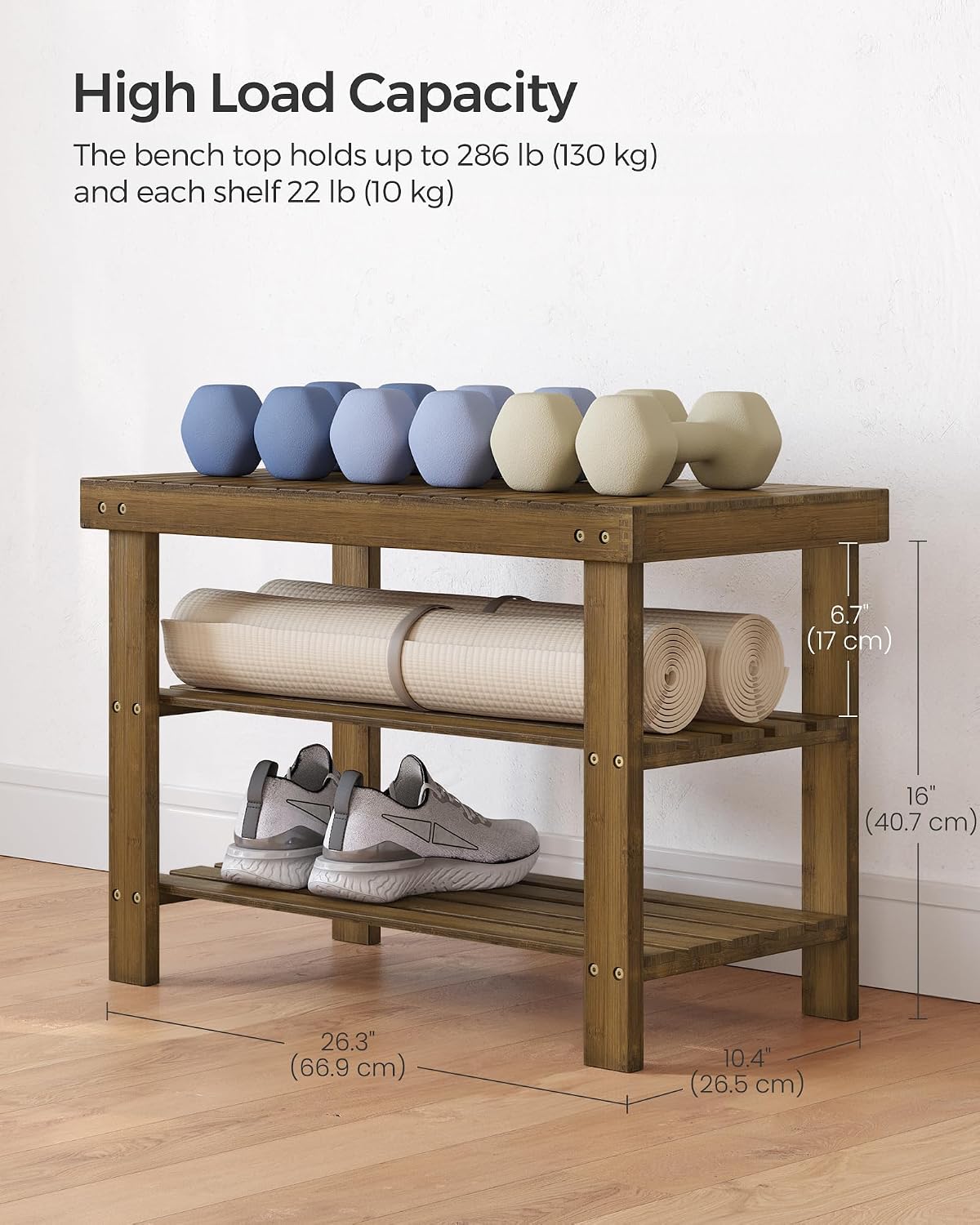 SONGMICS Shoe Rack Bench, 3-Tier Bamboo Shoe Storage Organizer, Entryway Bench, Holds Up to 286 lb, 11.3 x 27.6 x 17.8 Inches, for Entryway Bathroom Bedroom, Ink Black ULBS04H