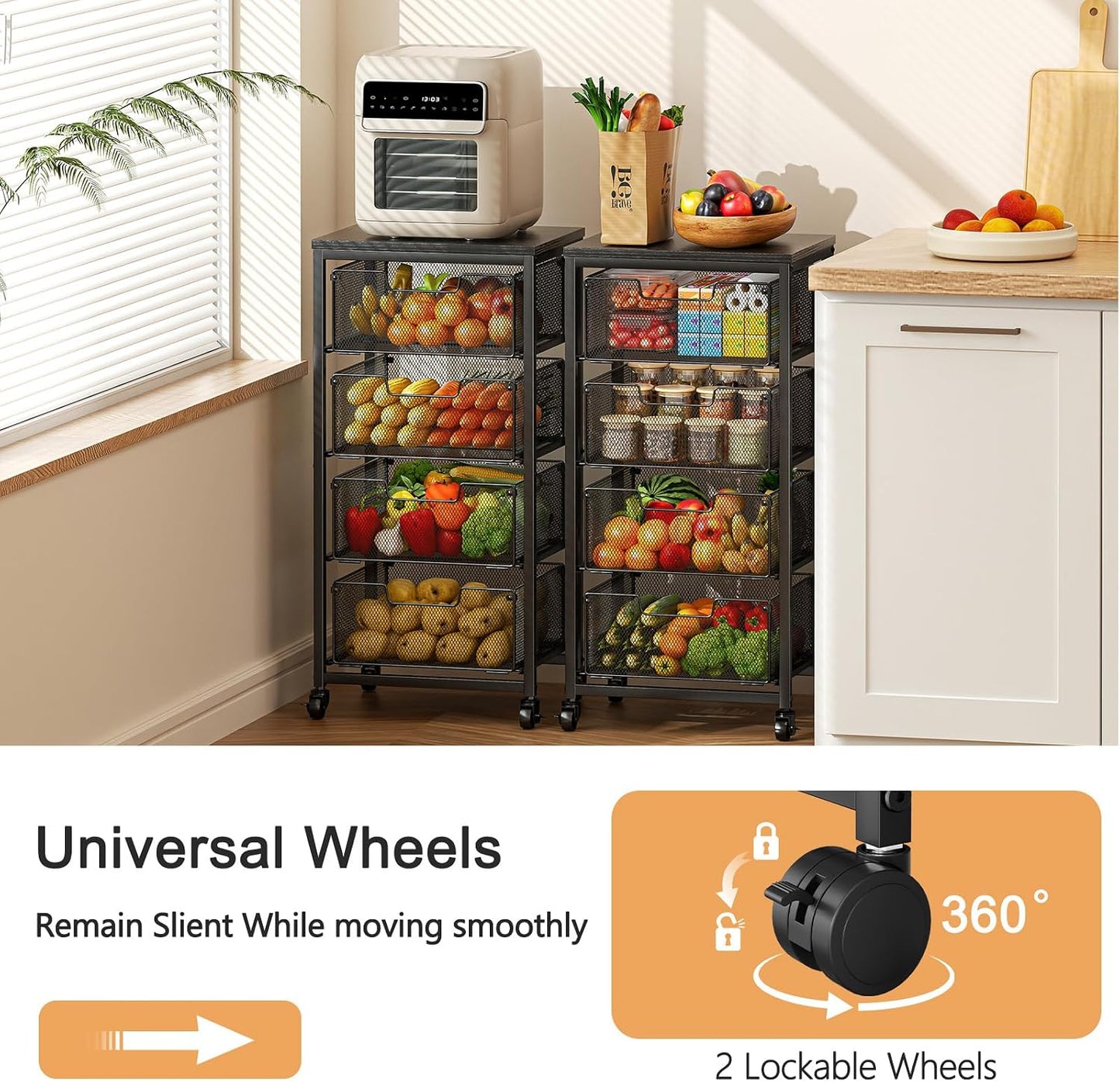 4 Tier Kitchen Rolling Cart, Kitchen Storage Cart with Wheels, Adjust Pantry Organizer and Storage Cart with Drawer, Fruit Vegetable Spice Storage Cart, Wooden Top Metal Kitchen Organizer Rack Stand