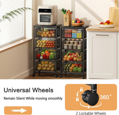 4 Tier Kitchen Rolling Cart, Kitchen Storage Cart with Wheels, Adjust Pantry Organizer and Storage Cart with Drawer, Fruit Vegetable Spice Storage Cart, Wooden Top Metal Kitchen Organizer Rack Stand